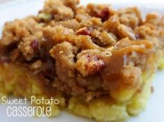 Sweet Potato Casserole {Thanksgiving Side Dish} | Chef in Training. Ingredients: sweet potatoes, sugar, butter, eggs, vanilla, milk. Toppings: butter, brown sugar, flour, pecans