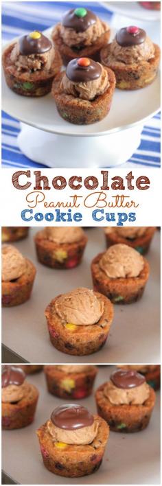 Chocolate Peanut Butter Cookie Cups! Bite Size and perfect for any party! #cookies #recipe #chocolate #dessert #peanutbutter