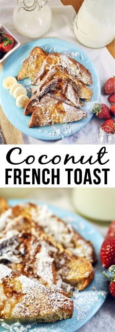 Coconut French Toast - this amazing coconut french toast brings a taste of the Hawaiian islands with French toast garnished by coconut flakes, powdered sugar and drenched in coconut syrup.