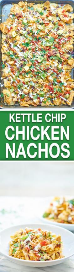 
                    
                        Kettle Chip Chicken Nachos. Jalapeno and Sea Salt Kettle Chips are piled with black beans, chicken, gooey cheese, sweet corn, dollops of sour cream, and some green chiles and jalapeños! showmetheyummy.com #nachos #chicken
                    
                