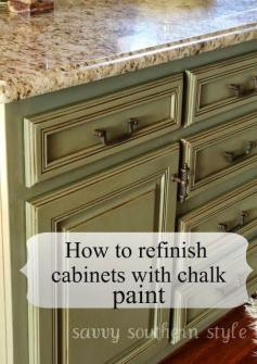 I love how she used the Valspar glaze for the antique finish instead of buffing & waxing the chalk paint one million times. #diy #refinish #kitchen #cabinets #chalkpaint