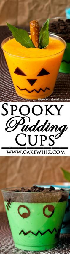
                    
                        These easy SPOOKY PUDDINGS CUPS are the perfect Halloween treat for kids. You can use store-bought ingredients to make a Ghost, Monster, Jack O'Lantern, and Frankenstein. From cakewhiz.com
                    
                