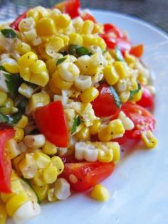 summer salad- basil, corn, and tomato salad