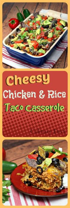 
                        
                            Cheesy Chicken and Rice Taco Casserole is a quick and easy recipe that uses ground chicken but has all of your favorite taco fixings.  A real crowd-pleaser!
                        
                    