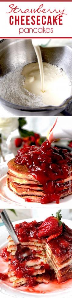 Easy Strawberry Cheesecake Pancakes = cheesecake filling pancake dry ingredients fresh strawberry syrup = cheesecake for breakfast! #cheesecake #pancakes #strawberry #strawberrypancakes