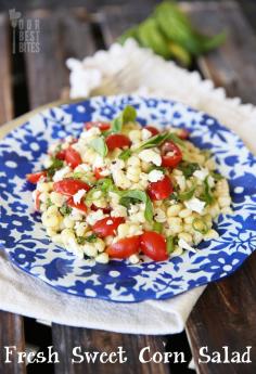 Fresh Sweet Corn Salad from Our Best Bites. Great as a side or add cooked chicken & make it a meal. Delicious & easy.
