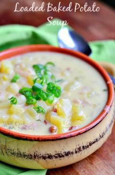 Loaded Baked Potato Soup that’s made with crispy bacon, golden potatoes, green onion and some added cream. This soup is full of flavor and makes the best comfort food! from willcookforsmiles.com #soup #potatosoup