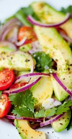 Fresh Guacamole Salad Recipe: 2 ripe avocados,   1 red onion,   A generous handful of cilantro,  Cherry tomatoes,   Salt and pepper to season.