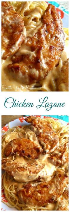 
                    
                        Chicken Lazone! Seasoned chicken pan-fried in butter with a super easy cream sauce served over pasta.
                    
                