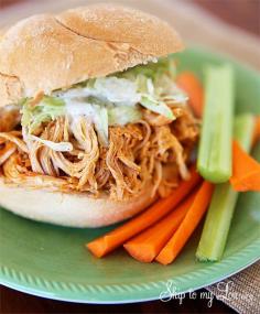 Slow cooker buffalo chicken makes perfect buffalo chicken sandwiches and wraps.  The easiest crock pot recipe. www.skiptomylou.org #crockpotrecipes #slowcookerrecipes