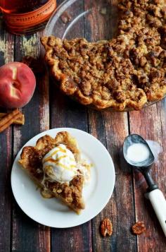 Maple Bourbon Brown Butter Peach Pie. This is probably the most delicious dessert to ever grace the face of the earth. Fresh peaches, maple-bourbon caramel, pecan brown butter streusel, buttery, flaky pie crust, and vanilla bean ice cream. | blog.hostthetoast.com by Cynthia Baker