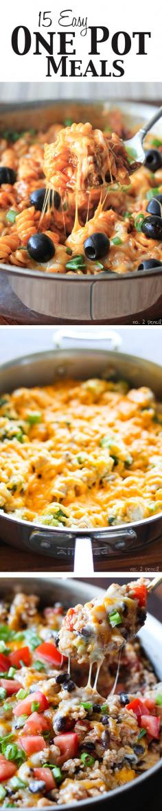 Fifteen Easy One Pot Meal Recipes - Burrito Bowl, Enchilada Pasta, Alfredo, Chicken Parmesan Casserole, Cheeseburger Casserole, Skillet Lasagna, Cheesy chicken and Broccoli, Taco Casserole, Skillet Stuffed Peppers, and more