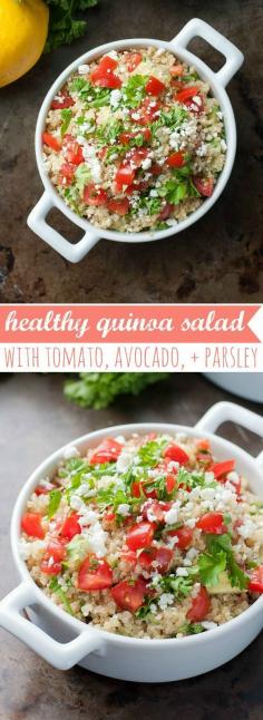 This colorful quinoa salad looks good, sub a different protein for the avocado though. Paired with a recipe for my favorite feta vinaigrette
