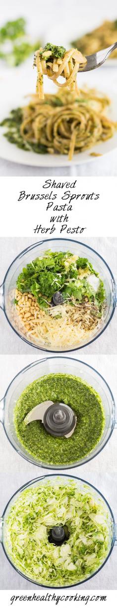 
                    
                        Shaved Brussels Sprouts Pasta with Herb Pesto - a healthy, quick and easy dinner recipe for busy nights for all those brussels sprouts lovers out there.
                    
                