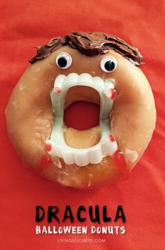 Dracula Halloween Donuts. Easy no bake dessert or breakfast fun food for kids! LivingLocurto.com