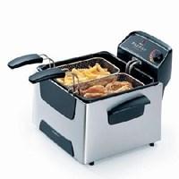 Cook restaurant quality fried foods at home with this professional style stainless steel deep fryer. Its 9 cup food capacity allows for making family size batches of anything from french fries, onion rings, or mozzarella sticks before the big game to yummy doughnuts on a lazy Sunday morning. The easy to use appliance features an adjustable thermostat and an 1800 watt immersed heating element for fast, even heating, as well as for super speedy temperature recovery times after adding food to the fryer. Thoughtfully designed, its frying basket comes with a cool touch exterior handle for safely lowering food into the hot oil with the cover closed to prevent spattering, and its spatter shield cover offers a filter to help reduce odors no need for the whole house to smell like a fish fry. Other highlights include an on indicator light, a light to signal a ready oil temperature, a digital timer that alerts when food has finished cooking, and an exclusive QuickCool system with a built in fan that cools the cooking oil in less than half the time for faster cleanup. The porcelain enamel pot, which doubles as a large capacity container for steaming and boiling, cleans up easily by hand or in the dishwasher (with the heating element removed). The 1800 watt deep fryer measures 12 by 13 by 12 inches and carries a one year limited warranty.