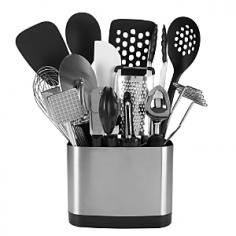 The Perfect Set for All Cooks Have all your essential kitchen tools in quick reach with the Oxon Good Grips 15-Piece Everyday Kitchen Tool Set. With the slim-lined, space-efficient Stainless Steel Utensil Holder, you'll be able to store a collection of Ox's most important kitchen tools and gadgets. Oxon 15-Piece Everyday Kitchen Tool Set: Soft, non-slip handles Nylon tools are heat resistant up to 400 degrees Fahrenheit Silicone tools are safe up to 600 degrees Fahrenheit Nylon and silicone tools are safe for non-stick surfaces Dishwasher safe, hand wash Can Opener and Meat TenderizerDimensions: Measures 8.4" x 4.75" x 15" A Closer Look: This set includes Ox's Stainless Steel Utensil Holder, which holds its Nylon Flexible Turner, 12 in. Tongs with Nylon Heads, Nylon Square Turner, Nylon Spoon, Nylon Slotted Spoon, Grater, Swivel Peeler, Ice Cream Scoop, Potato Masher, Soft-handled Can Opener, 11 in. Balloon Whisk, Silicone Spatula, Meat Tenderizer and a 4 in. Pizza Wheel. Whether it's your first set of kitchen tools or enhancing your current set, the Oxon 15 Piece Everyday Kitchen Tool Set will bring value, function and style to any kitchen. Take Care: The large-capacity Utensil Holder includes a removable drip tray. Some utensils are dishwasher safe. About the Brand: Oxon was born in 1990 when the first group of 15 Oxon Good Grips kitchen tools was introduced to the U.S. market. These ergonomically designed, trans-generational tools set a new standard for the industry and raised the bar of consumer expectation for comfort and performance.