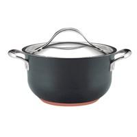 The graceful, wide shape of this Anolon Nouvelle Copper 4-qt. Covered Casserole moves easily from stovetop to oven to table. Whether you're braising a stew in the oven or simmering soup on the stovetop, you'll appreciate the superior performance of this pan. Features: Hard-anodized aluminum is twice as hard as stainless steel and provides exceptional heat distribution. Restaurant tested Autograph 2 Nonstick interior delivers enduring food release and easy cleaning. A layer of aluminum is encapsulated with copper, followed by more aluminum and finished with an impact-bonded stainless steel cap. This unique combination offers outstanding heat distribution and controlled cooking performance. Suitable for all cook tops except induction. Elegant stainless steel lid fits securely to the pans to lock in flavors and nutrients. Refined lid handle has extra clearance for easier and safer lifting. The cast stainless steel handle is attached to the pan using innovative nonstick flush rivet technology - food won't get stuck around the rivets so the pan cleans up easier.