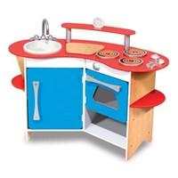 Curved wood kitchen in red blue white and natural Removable sink 3-burner cook top and oven Cutting board and a real working timer Refrigerator with storage shelves for extra space Recommended for ages 3-6 years Measures 26L x 36W x 16H inches. With everything your budding chef needs to prepare a great meal the Melissa and Doug Cook's Corner Wooden Kitchen is both compact and efficient. This play kitchen includes a removable sink a three-burner cook top an oven with clicking knobs a refrigerator with storage shelves a cutting board and even a real working time. Crafted from wood and beautifully painted this kitchen is designed to spur on the imagination and encourage your kids in playtime activities that mimic real life. Recommended ages 3-6 years. Dimensions: 26L x 36W x 16H inches. About Melissa & Doug ToysSince 1988 Melissa & Doug have grown into a beloved children's product company. They're known for their quality educational toys and items and have grown in double digits annually. The Melissa & Doug company has been named Vendor of the Year by such great retailers as FAO Schwarz Toys R Us and Learning Express and their toys have been honored as Toys of the Year by Child Magazine FamilyFun Magazine and Parenting Magazine. Melissa & Doug - caring quality children's products. Your aspiring chef will love this cute compact play kitchen from Melissa and Doug. An awesome creative play idea this set teaches your child how a real kitchen is run making it an educational toy as well. With a refrigerator and oven underneath and a sink three burners and a preparation space on top this kitchen is just like the real thing. It also has storage shelves and a timer that your child can really use. Plus the height is perfect for your little ones.