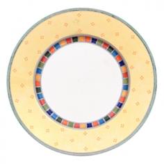 Villeroy & Boch A brightly coloured, conventionally shaped salad plate. 21cm diameter. Main colours are: white main body, and a yellow rim with a thin mosaic detail in red; blue, green, orange and yellow square motifs. Ideal for salads, small lunches or starters, hot or cold. A perfect accompaniment to any product from the 3 mix & match designs of the Twist Alea ranges - Limone; Verde and Caro. Made of Premium porcelain for strength and durability. Microwave and dishwasher safe. Porcelain, Dishwasher safe, Microwave safe, Not oven safe.