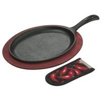 Add sizzlin' color to your fajitas at home with Lodge Logic Cast-Iron Fajita Griddle Set. Set includes an oval Lodge cast iron fajita griddle, a chili pepper red stained 1/2inch routed wooden underliner to set griddle on, a matching chili pepper red hot handle mitt for safe handling, and a recipe card. Griddle measures 10inch x 7inch. Handle mitt measures 6-1/2inchL x 3inchW. Wooden underliner is 11-3/4inchL x 9-1/4inchW. Made in USA. Everything you need to cook and serve fajita meat10" x 7" oval cast iron Fajita griddle Ready-to-use, seasoned cast iron construction Comes with chili pepper red wooden underliner to set hot griddle onSet also includes hot handle mitt and recipe card Introducing Lodge Logic: Ready-to-use cast-iron cookware, pre-seasoned for consistent performance! For more than 100 years, Lodge has been perfecting the process of making cast-iron cookware, formulating the perfect metal chemistry to create durable cookware with incredible heat retention and distribution. In the past, the seasoning process was never complete until someone cooked countless batches of fried chicken, catfish and cornbread in the pan or pot to burnish it to a black patina, creating a piece of cookware that could be handed down like an heirloom. Lodge Logic removes the waiting, thanks to a newly-developed seasoning process. Lodge's electrostatic spray system applies a proprietary vegetable oil combination to deeply penetrate the pores of the iron. The result? Seasoned cast-iron cookware from Lodge you can use it right out of the box.
