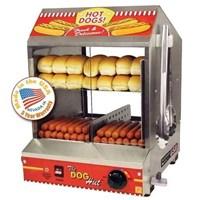 The Paragon Hot Dog Steamer is intended to set the standard par excellence for hotdog steamer machines. These Dog Hut hot dog roller machines by Paragon are ideal for use in rental shops, merchandiser stores, concession stands, vending carts, break rooms, fast food restaurants, snack bars, cafeterias and anywhere else you want to roll and merchandise hot dogs for sale. The brand NEW Dog Hut Hotdog Steamer is an exciting new product from Paragon, one of the industry leaders in concession equipment. The Dog Hut is designed to set the standard par excellence for hotdog steamers. It is ideal for use in rental shops, convenience stores, concession stands, mobile vending carts, break rooms, fast food restaurants, snack bars, cafeterias and much more! Stainless steel tongs included. Heavy Duty 20 gauge stainless steel construction throughout makes it the most durable hotdog steamer in its class. Removable product trays and sliding doors allow for easy access to hotdogs and buns and makes clean up a snap. All removable parts are dishwasher safe. Revolutionary proprietary heating system features heavy duty submersible stainless steel heating element. Low water warning indicator light and illuminated ON/ OFF switch. Adjustable thermostat increases versatility. Unit performs in all cooking and holding conditions. Accommodates up to a maximum of 200 hotdogs/sausages and 42 buns. 8 quart water pan for increased holding times and is the largest in the business. Quick to open water release valve eliminates burned fingers and spilled water. Divided food trays accommodate both hotdogs and/or sausages to be cooked and merchandised simultaneously. Small footprint. Cook and serve hotdogs in as little as 14" of counter space. Brilliant graphics on both sides allows for either front-counter or rear-counter merchandising. Tongs Included. Capacity: Holds up to 200 hot dogs and 42 buns. 8 quart water pan. Electrical Requirements: 120 Volts 1200 watts 10 amps. Approx cooking time: 15-45 minutes. Volts: 120. Watts: 1200. Amps: 10. Output/hr: 200 Dogs. Unit Dimensions: 13 1/2" W x 16" D x 20" H.