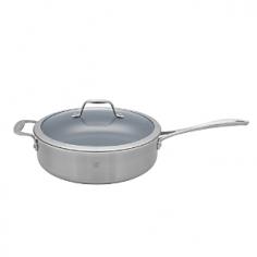 Stainless steel construction; aluminum core. Eco-friendly nonstick cooking surface. Oven- and broiler-safe to 500&deg;F. Dishwasher safe. Available in your choice of sizes. Make your dinner preparation easier and environmentally-friendly with the Zwilling Spirit Thermolon Saute Pan with Lid. This saute pan features a tri-ply construction with an aluminum core to ensure even heat distribution; and a nonstick cooking surface created using eco-friendly processes to give you peace of mind. It comes with a tempered glass lid to help retain heat. About Zwilling JA Henckels: JA Henckels has been producing the best in German steel knife design since 1895. Their products are designed for everyday use, giving you the maximum value for your money. This modern company uses innovative technology to create the highest-quality products. They're so sure you'll be satisfied with their products that they back each one with a lifetime warranty. With several lines of quality cutlery and other products, you're sure to find the perfect housewarming or wedding gift, or addition to your own kitchen. About Spirit CookwareThe exceptional line of Spirit Cookware features a high-tech, eco-friendly design that maximizes efficiency and performance. Unlike traditional non-stick cookware that uses chemicals, Spirit Cookware is coated in natural, scratch-resistant ceramic that won't stick or chip and has a notably high level of heat-resistance. Each piece in the Spirit Cookware line is expertly crafted with a magnetic, stainless steel exterior and durable aluminum core that retains heat evenly from rim to rim. Stay-cool stainless steel handles are ergonomic and riveted for durability.