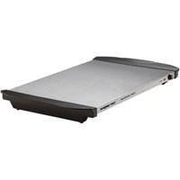 This brushed stainless steel tray is 21-inch by 14-inch and features wide cool-touch handles so it is easy to move and serve from. It features 400-watt of power for quick heat-up and recovery plus an adjustable thermostat and power indicator light to ensure food remains at the selected temperature. For best results, set warming tray to maximum heat setting to warm quickly. Then adjust thermostat to desired temperature. Serving temperature is from 155 degree fahrenheit (minimum) to 200 degree (maximum). The Waring Pro Warming tray is designed to keep food warm only and food place on the tray should be fully cooked and already hot.