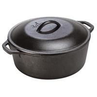 Non-stick, cast iron Dutch oven. Measures 10.25 inches in diameter with 4-inch depth. Arrives pre-seasoned with special vegetable oil formula. Hand-wash with hot water and a stiff brush. Made in America. Lifetime manufacturer's warranty. The Lodge Logic Pre-Seasoned 5-Quart Dutch Oven with Loop Handles is made of fine cast iron, which is extremely durable, and spreads and retains heat evenly during cooking. This model is flat-bottomed to sit on a stovetop burner or in the oven, with a domed lid that keeps moisture in the pot. Loop handles aid in carrying with oven mitts, and the oven is pre-seasoned with a special vegetable oil formula for a non-stick finish and easy clean-up. This large oven will easily suit nearly all of your cooking needs from boiling water to making delicious casseroles. It measures 10.25 inches in diameter and is 4 inches deep. The Lodge Logic Pre-seasoned 5-Quart Dutch Oven was voted Best Buy by Cook's Illustrated magazine and is a great addition to any cook's culinary tool set. About Lodge ManufacturingFounded by Joseph Lodge in 1896, Lodge Manufacturing is the oldest family-owned cookware foundry in America and is a market leader in cast iron cookware. Nestled alongside the Cumberland Plateau of the Appalachian Mountains is the town of South Pittsburg, Tennessee, where Lodge produces the finest cast iron cookware in the world. The company offers the most extensive selection of quality cast iron goods on the market, including skillets, Dutch ovens, camping cookware and more. Lodge is also an eco-responsible company, with programs to reduce hazardous waste, reuse foundry sand, establish new ponds for plant and animal life, and plant new trees on the Lodge campus.