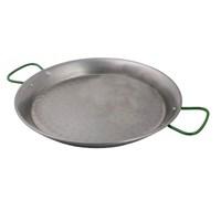 This polished carbon steel paella pan is perfect for creating your exquisite rice, seafood, egg, gratin, and creme brulee dishes. Once seasoned, this pan acquires natural non-stick properties that won't chip, scratch or peel off under usage of metal objects, such as knives, forks, or spatulas. This paella pan is constructed of polished carbon steel with dual zinc handles and can withstand high heat. Each pan is compatible with all heat sources, including induction, and is oven-proof. This paella pan features a hammered bottom for better heat dispersion so you can cook your dishes thoroughly to perfection. 35 1/2Diameter and 2 7/8 deep. Hand-washing is recommended.