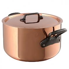 This 8.5-qt. Stew Pan with Lid and Cast Iron Handles can be used as a stockpot or a casserole. You can use it to braise, roast, make soups or giant batches of sauces! It's also great for boiling water or making a large batch of chili. It is also ideal to use for recipes that require high-heat sauteing and sustained simmering. It's crafted from copper and has a stainless steel interior that won't interact with foods and makes for easy cleaning. Copper is a terrific choice for cookware because it is twice more conductive than aluminum and ten times more conductive than stainless steel. No wonder copper is the most preferred material of cookware by popular chefs and avid home cooks; its ability to heat up evenly and rapidly and to cool down just as quick allows for maximum control and excellent cooking results. Please handwash with mild dish soap. Made in France. The Cuprinox cookware line features an extra-thick 2.5mm copper exterior and includes a thin layer of stainless steel on the interior of the line's pots and pans. The stainless interior resists sticking, doesn't react with acidic foods, and cleans easily with a sponge. The cookware also offers durable handles anchored with rivets that hold up to heavy use. Mauviel, a French family business established in 1830 and located in the Normandy town of Villedieu-les-Poeles, is the foremost manufacturer of professional copper cookware in the world today. Highly regarded in the professional world, with over 170 years of experience, Mauviel offers several different lines of copper cookware to professional chefs and home cooks that appreciate the benefits of their high quality products.