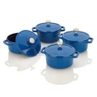 These cast iron Mini Dutch Ovens have a multi-coated enameled exterior to ensure strength and heat resistance, perfect for everyday use. This cookware is resistant to rust, chipping and cracking for long lasting continual use. The set also includes four extra heavy lids, which seal in moisture for a more flavorful result. The Cast Iron thermal properties and easy to clean interior is perfect to use on an outdoor grill. The smooth interior is great for fast clean up, and the cookware is compatible with all cooktops, especially induction surfaces. Because of their fun color and small size (1-cup capacity), the pans are designed to go from the stovetop or oven to an elegant table presentation. This set also features a collection of Michelle's recipe cards, specifically designed for her Mini Dutch Ovens. Almost no other Miami chef has made as big a hit as Michelle Bernstien. Michelle has been cooking up success as the owner of two successful Miami restaurants, winner of Food Network: Iron Chef America, and guest star on The Today Show and Martha Stewart. Now, she has designed and hand selected this perfect set of four Mini Dutch Ovens by Fagor. This set is perfect for a gift, or to keep for yourself. A staple piece for any kitchen!