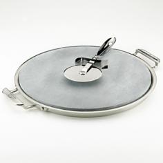 The baking stone traps and disperses heat evenly, helping to produce crisp crusts without burning or scorching, and is perfect for baking flatbreads, pizzas, and quesadillas. The Pizza Cutter features All-Clad's signature ergonomically designed stainless steel handles and sharp-slicing edge. The easy-to-lift stainless steel tray holds the pizza stone firmly in place and can also double as a serving surface for hors d'oeuvres and individually prepared foods. Stainless-steel tray with round-shaped 13-inch pizza-baking stone. Stay-cool side handles for secure transport in and out of the oven. Doubles as a serving tray; oven-safe up to 400 degrees F; hand-wash only - Includes sharp stainless-steel pizza cutter with easy-grip handle - Measures approximately 17 by 14 by 1 inches; limited lifetime warranty.