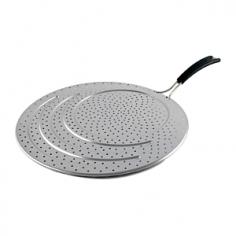 Keep messes to a minimum when you're cooking with the Calphalon 13-in. Gadgets Universal Splatter Guard. This handy gadget fits on top of your pan or pot to keep splashes and spatters from getting all over your stovetop or counter, reducing the time you spend cleaning up the kitchen after a meal. Because it has multiple ridges, this splatter guard can fit onto cookware ranging from 8 to 13 inches in diameter; simply set the ridge onto the edge of your pan and let the spatter guard cover the pan like a lid. Use it to keep hot bacon grease from popping out of your frying skillet, or to contain bubbly sauces that have come to a boil. The screen is made of stainless steel, so it won't rust over time or tear with repeated use, and it is durable enough to withstand everyday wear and tear. Small perforations in the top let steam escape but hold in chunks and spatters, and this gadget is easy to clean with hot soapy water. The stay-cool silicone handle makes it easy to move the screen on or off a pan without having to worry about burning your hand, and it is comfortable in your hand even when you're holding it for a long time. The hanging hole at the end of the handle lets you store it on a rack or hook next to the stove so it's always within easy reach. Features: Fits 8-inch to 13-inch pans Stainless steel construction Releases steam while reducing splatters Stay-cool silicone grip