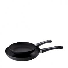 Featuring two professional-grade skillets, this versatile set is perfect for browning and searing meats, parboiling vegetables, sautÃ ing, pan-frying and more. Sloped sides make it easy to slide a spatula under cooking foods and help keep sauces from sticking or scorching. Secure, ergonomic handles make it easy to transport pans to and from the table. An excellent way to start a Scanpan collection or add versatility to an existing cookware set. Scanpanâ s legendary ceramic titanium nonstick cooking surface allows cooking with little to no added fat for healthy meals, and unlike traditional nonstick, Scanpan pans can be used to brown and sear or with metal utensils.