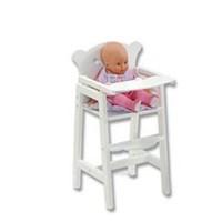 KidKraft's Lil Doll High Chair has a crisp white lacquer finish with scalloped edges, and filigree cut out detail. Plus, with a pink and white rattle bar, foot rest, and a reversible mint/lavender pad, the high chair comfortably seats a 19 doll for breakfast, lunch or dinner. Because kid-safety is a priority, rubber stops between the tray table and chair protect little fingers from getting caught.