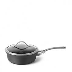 2.5-quart shallow sauce pan with lid. Heavy-gauge, hard-anodized aluminum. Cast stainless steel loop handle. Dishwasher safe for easy cleanup. Oven safe to 450 degrees Fahrenheit. Manufacturer's full lifetime warranty. The shallow design of the Calphalon Contemporary Nonstick 2.5 qt. Shallow Sauce Pan with Lid makes it a must-have. The heavy-gauge, hard-anodized aluminum facilitates even heating, and the triple-layer, PFOA-free nonstick gives you the smooth surface you need. The pan is oven safe up to 450 degrees Fahrenheit, while a cast stainless steel handle completes the design. With manufacturer's lifetime warranty. About CalphalonCalphalon's mission is to be the culinary authority in kitchenwares, enhancing the home chef's food experience during planning, prep, cooking, baking, and serving. Based in Toledo, Ohio, Calphalon is a leading manufacturer of professional quality cookware, cutlery, bakeware, and kitchen accessories for the home chef. Calphalon is a Newell-Rubbermaid company. Calphalon's goal is to give you, the home chef, all the tools you need to realize your highest potential in the kitchen. From your holiday roasting pan to your everyday fry pan, count on Calphalon to be your culinary partner - day in and day out, for breakfast, lunch, and dinner for a lifetime.