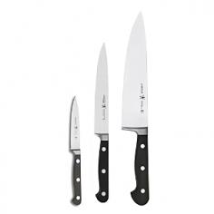 Stain-resistant high-carbon steel blades Polyoxymethylene handles for strength and durability Ideal housewarming or wedding gift Includes parer utility and chefs knife Hand-wash only. A perfect housewarming or wedding gift the J.A. Henckels International Classic 3 Piece Knife Starter Set includes three of the most essential kitchen tools. This set including a parer utility knife and chefs knife is made from high-carbon steel that's been drop-forged at high temperatures to make it extra durable. The blades are hand-honed to provide precision cutting edges and the triple-riveted handles have superior strength and a classic look. These three knives have full bolsters to protect your hand while cutting and full tangs to lend perfect balance for comfortable use. Set includes: 4-in. parer/utility knife 6-in. utility knife 8-in. chefs knife Additional Features: Parer measures 8 inches including handle Utility knife measures 10.5 inches with handle Chefs knife measures 13.25 inches with handle Hot drop-forged construction for extra strength Handle is triple-riveted for superior strength Full bolster for weight and safety Full tang provides proper balance Hand-honed precision cutting edge Warranty included; see product guarantee area About Zwilling J.A. Henckels: JA Henckels has been producing the best in German steel knife design since 1895. Their products are designed for everyday use giving you the maximum value for your money. This modern company uses innovative technology to create the highest-quality products. They're so sure you'll be satisfied with their products that they back each one with a lifetime warranty. With several lines of quality cutlery and other products you're sure to find the perfect housewarming or wedding gift or addition to your own kitchen.