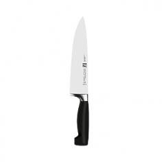Made of durable stainless steel. Laser-controlled edge is sharper and stays sharper longer. Full horizontal tang without rivets design for balance. Hand-washing recommended. Dimensions: 16.5L x 2.75W x 1.5H in. The Zwilling 4 Star 8 in. Chef's Knife makes slicing and dicing second nature. This beautiful knife features a laser-controlled edge that stays sharper longer and a full tang for greater balance. Its comfortable handle offers outstanding grip. Perfect for a variety of culinary duties in the kitchen. About Zwilling JA Henckels: JA Henckels has been producing the best in German steel knife design since 1895. Their products are designed for everyday use, giving you the maximum value for your money. This modern company uses innovative technology to create the highest-quality products. They're so sure you'll be satisfied with their products that they back each one with a lifetime warranty. With several lines of quality cutlery and other products, you're sure to find the perfect housewarming or wedding gift, or addition to your own kitchen. About Zwilling Four Star: Zwilling J.A. Henckels Four Star knives look sharp and stay sharp. The Four Star collection combines quality German craftsmanship with cutting-edge technology for premium kitchen knives that are strong, balanced, and comfortable to hold. They're forged from a single piece of high-carbon, no-stain steel, resulting in greater blade stability and prolonged edge retention. Blades undergo a special ice-hardening process, making them exceptionally strong and resistant to corrosion.
