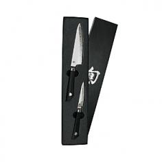 Set includes 3.5-in. paring knife, 6-in. chef's knife Hand-sharpened 16&deg; double-bevel blade (32&deg; comprehensive)Proprietary Composite Blade technology combines a VG10 san mai cutting core and Japanese 420J blade upper Stain-resistant stainless steel Traditional Japanese handle design with easy-care textured TPEHandcrafted in Japan. The Shun Sora 2 pc. Cutlery Set is an easy and effective way to handle 99% of the cutting tasks in any modern kitchen. The paring knife is perfect for precise detail work like boning meats or peeling fruit. The rest of your kitchen tasks are going to quickly accomplished with the 6-inch chef's knife. Both knives are crafted with a composite blade of stainless steel that's precision-ground and given the look of a forged sword. The ergonomic handle on each blade is made from high-quality polymers with a traditional Japanese shape that gives you precise control over for the most effective prep work possible. The other 1%? You can't beat a classic, wheeled pizza-cutter. About the Shun Sora collection The Kai Corporation's Shun Sora collection combines the timeless quality of traditional Japanese aesthetics with their patented composite blade technology to offer customers a line of razor-sharp knives at competitive price points. Each blade in the Shun Sora collection has a composite blade of VG10 san mai and a stainless steel upper that are laser-cut and braze-welded together to create the sharpest possible edge. Taking inspiration from classic Japanese sword smiths, the comfortable handle and wavy, hamon blade design echo the form and appearance of a samurai's sword.