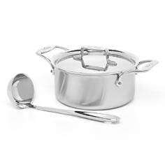 The Soup Pot is designed with extra-tall sides that help to minimize evaporation while maximizing flavors. A true essential for every well-equipped kitchen, this multi-purpose pan is ideal for a wide range of uses, including simmering soups, slow-cooking pasta sauces, preparing grains and boiling vegetables. The included ladle makes serving both easy and elegant. Features: Patented five-ply construction throughout the vessel for even diffusion and heat retention Patented Stainless steel center core improves geometric stability and prevents warping Engraved capacity marking on the bottom of every pan Comfortable, oversized handles Convenient rolled lip for easy pouring 18/10 stainless steel cooking surface will not react with food Stainless steel magnetic exterior compatible with all cooktops, optimal for induction Oven and broiler safe Handcrafted in the U.S.A.