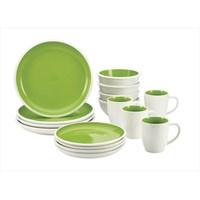 This Rachael Ray&reg; Rise Stoneware 16-Piece Dinnerware Set stands apart with its eye-catching plates bowls and mugs. This dinnerware set comes in a variety of bold two-tone hues that add color to all types of table settings. Rachael Ray dinnerware pieces combine style and function with clever shapes that are easy to hold when eating a bowl of oatmeal in the morning or enjoying a spinach salad at lunch. The dinnerware can be used to entertain a crowd for that important special occasion or a relaxed meal during the week. The stoneware is non-reactive to foods and holds heat so a plate of bubbly mac and cheese or a cup of Rachael's Toffee Hot Chocolate will stay warmer longer. All pieces are microwave and dishwasher safe perfect for clean up after family meals or entertaining and the pattern coordinates with other great pieces from the Rachael Ray Flair collection. With a Rachael Ray Rise Stoneware 16-Piece Dinnerware Set setting the table is fun and food will look as good as it tastes. Features The dinnerware set comes in a variety of bold two-tone hues that add color to all types of table settings. Rachael Ray dinnerware pieces combine style and function with clever shapes that are easy to hold. This stoneware is non-reactive and holds heat so foods and beverages stay warmer longer. All pieces are microwave and dishwasher safe. Use to entertain a crowd for that important special occasion or a relaxed meal during the week. Oven safe to no rating. Collection - Rachael Ray Dinnerware Rise. Composition - (4) 11 in. Dinner Plates (4) 8.75 in. Salad Plate (4) 26oz Cereal Bowls (4) 12oz Mugs. Material - Stoneware. Color - Green. Capacity - Set. Dimension - 14.8 x 12.8 x 13.5 in. Item Weight - 12.3 lbs.