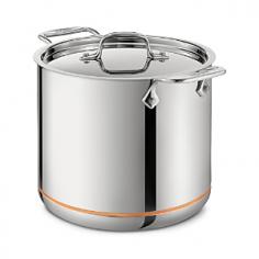 The 6-Quart stockpot has been discontinued by the vendor. We apologize for the inconvenience The tall, straight sides of the stockpot concentrate heat and minimize reduction, even after hours of slow cooking, so its perfect for pot roast, chili, stew or soup. The 6-quart size is ideal for eight to ten servings and the 8-quart size gives you even more flexible capacity. The ultimate in cookware, this All-Clad174 premiere line features the patented Copper-Core153; five-ply bonded design with a thick copper center core to maximize heat conductivity. The copper ply is bonded to aluminum to enhance heat distribution while reducing weight. The bonded exterior and interior layers are highest-quality stainless-steel, providing the ideal cooking surface, ease of cleaning, extreme durability and aesthetic appeal. Product Features 149; Five bonded layers of stainless-steel, aluminum and copper allow pieces to heat quickly and evenly so you can rely on consistent performance 149; Pure aluminum and thick copper inner core throughout for optimal heat conductivity 149; Easy-to-clean 18/10 stainless-steel cooking surface helps prevent foods from sticking 149; Accented with an exterior stripe of copper 149; Cookware piece is oven-safe up to 500 F 149; Signature stay-cool handles are cast from solid stainless-steel and designed for ergonomic comfort 149; High-strength, non-corrosive stainless-steel rivets keep handles permanently secure, making cooking safer 149; Suited for all stovetops including electric, gas, ceramic and halogen 149; Hand-washing recommended 149; Bonded cookware handcrafted in the U.S.A, lids and components manufactured overseas.