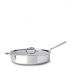 Constructed from durable 3-ply stainless steel. Comes with a long ergonomic handle and lid. Can be used with any cooktop including induction. Dishwasher-safe; 5-qt. holding capacity. Oven- and broiler-safe. Handcrafted in the USA. Manufacturer provides limited lifetime warranty. Dimensions: 23L x 14W x 6.57H-in. The All-Clad Tri-Ply Stainless Steel 5-qt. Saute Pan with Lid is luxury cookware for everyday meals. A premium saute pan for home or commercial kitchens, this 5-qt. pan displays All-Clad's famous quality in every detail, starting with its three-ply construction. An 18/10 stainless steel interior and exterior layer are bonded to a pure aluminum core, providing non-reactive cooking, superior conductivity, and reliable heat distribution without hot spots. The tall, straight sides and large cooking surface make handling food easy and enjoyable while reducing splatter. The interior starburst finish helps prevent food sticking, and the dual riveted handles are a lifesaver in busy kitchens: a stay-cool stick handle for stovetop handling, and a second riveted loop handle for safe carrying to dining table or kitchen counter. About All-CladFounded in 1971 in Canonsburg, Pennsylvania, All-Clad Metalcrafters produces the world's finest cookware in its Southwestern Pennsylvania rolling mill, using the same revolutionary processes that they introduced forty years ago. Today, All-Clad is the only bonded cookware that's handcrafted by American craftsmen using American-made metals. Originally founded to meet the highest standards of professional chefs, All-Clad has become the premier choice of cookware enthusiasts of all experience levels, from world-class chefs to passionate home cooks in everyday American kitchens. The unsurpassed quality and performance of All-Clad cookware is derived from its innovative roll bonding process, which uses a proprietary recipe of metals. Cladding is applied not just to the bottom, but also up the sides of each All-Clad cooking vessel, providing outstanding heat distribution and reliable cooking results. All-Clad cookware is hand-inspected at every stage of the manufacturing process and is famous for the uncompromising quality that's evident in every detail, from its impeccable balance in your hand to its meticulous hand-finishing.