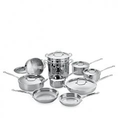 17 Pieces of Cuisinart Perfection The perfect choice for serious cooks, entertainers or big families, this ultimate set includes everything a home chef needs. Cuisinart offers three saucepans, three skillets, a large saute, a versatile 9-quart stockpot with pasta insert and a steamer insert that fits the 2-quart and 3-quart saucepans. Cuisinart 77-17 Chef's Classic 17-Piece Cookware Set: Set includes: 1-qt. saucepan with cover, 2 qt. saucepan with cover, 3-qt. saucepan with cover, 4-qt. saute pan with helper handle and cover, 8 in. skillet, 10 in. skillet, 12 in. skillet with cover, 9 qt. stockpot with cover, 20cm. universal steamer with cover and 24cm. pasta insert Mirror-polished 18/10 stainless steel with inner core of aluminum for fast, even heating Matching 18/10 mirror-polished stainless-steel lids seal in moisture and nutrients Dimensions: Measures 25" x 13.8" x 11.6" A Closer Look: Riveted stainless-steel handles stay cool on the stovetop. Take Care: Cuisinart Chef's Classic Stainless is dishwasher safe, but remember that soil from other dishes may be abrasive. If the dishwasher is carelessly packed, other dishes or flatware may mar the surface of the cookware. Over a long period, regular dishwasher cleaning will eventually scratch any utensil. Cuisinart recommends using a non-lemon detergent. About the Brand: When the food processor was introduced in 1973, it wasn't known as a food processor; it was commonly referred to as a Cuisinart. The rest is culinary history.