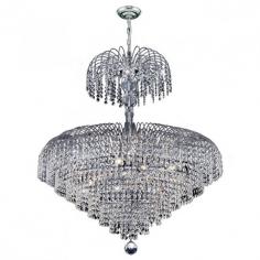 This stunning 14-light Crystal Chandelier only uses the best quality material and workmanship ensuring a beautiful heirloom quality piece. Featuring a radiant chrome finish and finely cut premium grade crystals with a lead content of 30%, this elegant chandelier will give any room sparkle and glamour. Worldwide Lighting Corporation is a privately owned manufacturer of high quality crystal chandeliers, pendants, surface mounts, sconces and custom decorative lighting products for the residential, hospitality and commercial building markets. Our high quality crystals meet all standards of perfection, possessing lead oxide of 30% that is above industry standards and can be seen in prestigious homes, hotels, restaurants, casinos, and churches across the country. Our mission is to enhance your lighting needs with exceptional quality fixtures at a reasonable price. Finish: Polished Chrome Crystal Color: Clear 30% Premium Full Lead Crystal (14) 60W E12 Incandescent Candelabra Bulb(s) Bulb(s) Not Included Total Watts: 840 Voltage: 110V - 120V Number of Tiers: 1 Beautiful Polished Chrome finish and dressed with precision cut and polished 30% Full Lead Crystals for maximum brilliance and sparkle From the Empire Collection Accommodates up to 14 60-watt maximum (40-watt recommended) candelabra base incandescent E-12 bulb (not included) Solid Brass Frame in Chrome Plated Finish and 30% Full Lead Crystal Includes 72-in adjustable chain for hanging UL and CUL Listed to US and Canadian safety standards For Dry Locations only (Dry Locations include kitchens, living rooms, dining rooms, bedrooms, foyers, hallways and most areas in bathrooms) Hardware included Assembly instructions and template enclosed for convenient setup (Professional installation is recommended) 1 Year Limited Manufacturing Defects Warranty Hardwired UL Listed, cUL Listed, CSA Listed Style: Transitional Part of the Empire Collection Warranty Info: 1 Year, Worldwide Lighting Corporation warranties products to be free from defects for a period of one year following shipment. Warranty is and void if merchandise is not installed according to factory instructions, NEC guidelines, and applicable building cOverall Dimensions: 30"(D) x 30"(W) x 32"(H)Diameter Range: Diameter from 24" to 42"Item Weight: 46 lbs. Please note that this product is designed for use in the United States only (110 volt wiring), and may not work properly outside of the United States*Use of this product will expose you to lead, a chemical known to the State of California to cause birth defects or other reproductive harm. Not intended for food use.