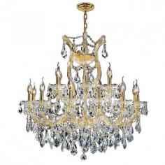 This stunning 19-light Crystal Chandelier only uses the best quality material and workmanship ensuring a beautiful heirloom quality piece. Featuring a radiant gold finish and finely cut premium grade clear crystals with a lead content of 30%, this elegant chandelier will give any room sparkle and glamour. Worldwide Lighting Corporation is a privately owned manufacturer of high quality crystal chandeliers, pendants, surface mounts, sconces and custom decorative lighting products for the residential, hospitality and commercial building markets. Our high quality crystals meet all standards of perfection, possessing lead oxide of 30% that is above industry standards and can be seen in prestigious homes, hotels, restaurants, casinos, and churches across the country. Our mission is to enhance your lighting needs with exceptional quality fixtures at a reasonable price. Finish: Polished Gold Crystal Color: Clear 30% Premium Full Lead Double-cut Crystal (19) 60W E12 Incandescent Candelabra Bulb(s) Bulb(s) Not Included Total Watts: 1140 Voltage: 110V - 120V Number of Tiers: 2 Beautiful Polished Gold finish and dressed with precision cut and polished 30% Full Lead Crystals for maximum brilliance and sparkle From the Maria Theresa Collection Accommodates up to 19 60-watt maximum (40-watt recommended) candelabra base incandescent E-12 bulb (not included) Solid Brass Frame in Gold Plated Finish and 30% Full Lead Crystal Includes 72-in adjustable chain for hanging Includes Double Cut Crystal embellishments where relief is repeated on both sides of left prisms for more reflection / refraction of light UL and CUL Listed to US and Canadian safety standards For Dry Locations only (Dry Locations include kitchens, living rooms, dining rooms, bedrooms, foyers, hallways and most areas in bathrooms) Hardware included Assembly instructions and template enclosed for convenient setup (Professional installation is recommended) 1 Year Limited Manufacturing Defects Warranty Hardwired UL Listed, cUL Listed, CSA Listed Style: Traditional Part of the Maria Theresa Collection Warranty Info: 1 Year, Worldwide Lighting Corporation warranties products to be free from defects for a period of one year following shipment. Warranty is and void if merchandise is not installed according to factory instructions, NEC guidelines, and applicable building cOverall Dimensions: 30"(D) x 30"(W) x 28"(H)Diameter Range: Diameter from 24" to 42"Item Weight: 90 lbs. Please note that this product is designed for use in the United States only (110 volt wiring), and may not work properly outside of the United States. Truck Freight Delivery. This item is too large or heavy to ship via standard UPS or FedEx ground. As a result, it will be shipped via Truck Freight. Once your shipment is within your local area, you will be contacted by the Truck Freight carrier to schedule a delivery appointment. This is usually a 2-4 hour window during business hours, but will be determined based on your availability. You will be responsible for taking it off of the back of the truck, so please be prepared move the unit into its final destination. Most truck freight carriers offer upgraded services for inside delivery. This is not something that we offer at this time and you will need to arrange that directly with the truck freight carrier when they schedule your appointment*Use of this product will expose you to lead, a chemical known to the State of California to cause birth defects or other reproductive harm. Not intended for food use.