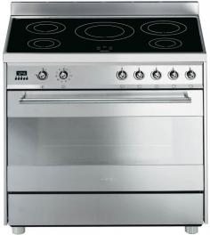 FREE Delivery & Removal as well as Price Matching! Best value is guaranteed when you buy the Freestanding Smeg Electric Oven/Stove C9IMXA from Appliances Online. Trusted by over 350,000 customers - Appliances Online, Legendary Service! Oven Cooktop. Included accessories: 41L Full width storage compartment below oven, Carcase cavity cooling fan, Safety automatic safety cutout, Satin stainless steel, fingerprint proof finish, Forced air cooling door, Digital clock, 8 Preprogrammed recipes, Residual heat safety flashing H for any zone above 60&deg;C, 1 Rotisserie assembly, Non-stick tray, 2 20mm Baking trays, 1 Pair chrome tray handles, 5 Induction cooking zones, 10 Oven functions, Double glazed thermo reflective door, Low heat position on each zone - keeps food warm, 4 Cooking levels, 2 Free programmable slots, Manual or programmable cooking, 2 Chrome shelves, 5 Scrolling knobs for easy setting, Enamel grill-bake-roasting tray, Optional 60mm high rear splashguard supplied.