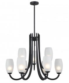 9 Lights Up Lighting Chandelier From the Mirage Collection The rounded, vase-like curves of the Mirage family are offset by its crisp White frosted glass shade and Forged Graphite finish. Sensual, yet refined, Mirage adds a touch of romantic flavor to a contemporary room. Features: White Frosted Glass shade Assembly Required Specifications: Requires (9) x 100 Watt E-26 Medium Base Bulb (Not Included) Height: 68 Width: 31 Shade Dimensions: 5 Diameter Kenroy Home offers quality lamps, chandeliers, wall sconces, ceiling lights, bath fixtures, track lighting, and other home decor. It has also extended its selection to include decorative outdoor accents, including lanterns and stunning fountains. Now part of the Hunter Lighting Group, Kenroy Home has been producing a wide selection of affordable, elegant lighting for over forty years.
