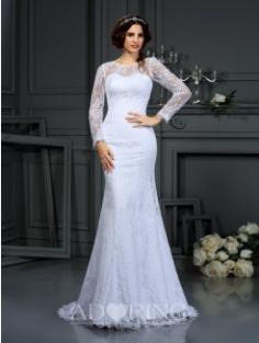 Sheath Scoop Long Sleeves Lace Satin Court Train Wedding Dress